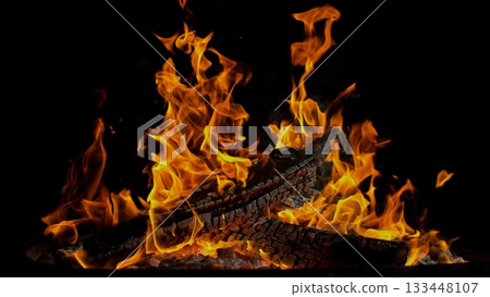 Freeze motion of campfire flames isolated on black background 133448107