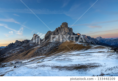 Panorama of Passo Giau in the Dolomites mountains during autumn sunrise. Beautiful mountians of Alpi Dolomiti in Italy, South Tirol Panorama of Passo Giau in the Dolomites mountains during autumn sunrise. Beautiful mountians of Alpi Dolomiti in Italy, South Tirol 133448109