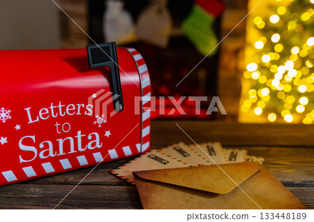 Santa Mailbox with Christmas Gifts and Festive Holiday Decor Indoors 133448189