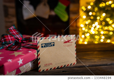 Santa Mailbox with Christmas Gifts and Festive Holiday Decor Indoors 133448194