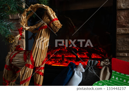 Scandinavian Straw Yule Goat and Advent Gift Bags by Cozy Christmas Fireplace 133448237