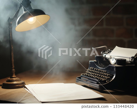 Vintage typewriter on a wooden desk under a glowing lamp Vintage typewriter on a wooden desk under a glowing lamp 133448420