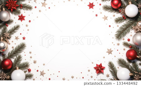 Christmas background with Christmas tree balls and decorations. Fairytale, New Year, Christmas Christmas background with Christmas tree balls and decorations. Fairytale, New Year, Christmas 133448492