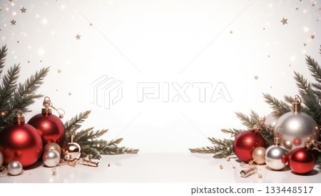 Christmas background with Christmas tree balls and decorations. Fairytale, New Year, Christmas 133448517