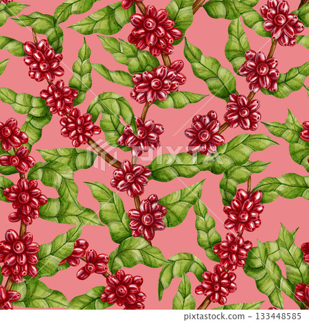 Watercolor seamless pattern with coffee branches, red berries, and leaves. Perfect for coffee shop branding, packaging design, cafe menus, and textile prints. Watercolor seamless pattern with coffee branches, red berries, and leaves. Perfect for coffee shop branding, packaging design, cafe menus, and textile prints. 133448585