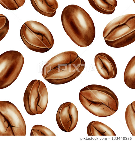 Seamless hand-painted watercolor pattern of roasted coffee beans. Great for coffee shop branding, menu design, product packaging, and cafe backgrounds. 133448586