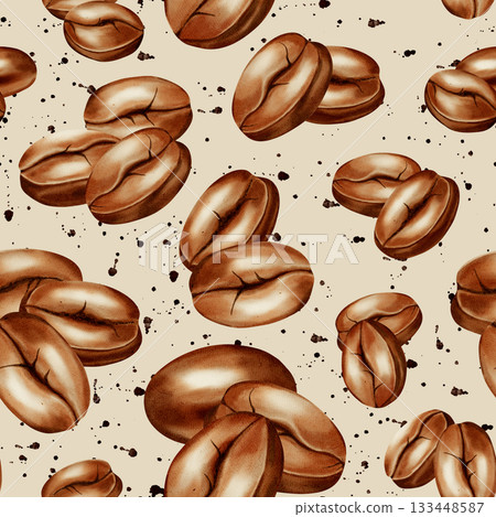 Seamless hand-painted watercolor pattern of roasted coffee beans. Great for coffee shop branding, menu design, product packaging, and cafe backgrounds. Seamless hand-painted watercolor pattern of roasted coffee beans. Great for coffee shop branding, menu design, product packaging, and cafe backgrounds. 133448587