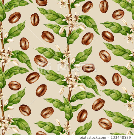 Watercolor seamless pattern featuring coffee tree branches, white flowers, and brown beans. Ideal for cafe menus, coffee shop branding, packaging, and textile design. 133448589