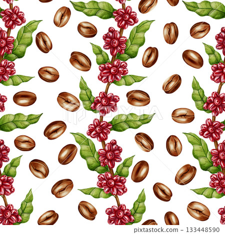 A watercolor seamless pattern with coffee twigs, red berries and leaves, and roasted coffee beans. Perfect for coffee shop branding, packaging design, menus, and textile prints. 133448590
