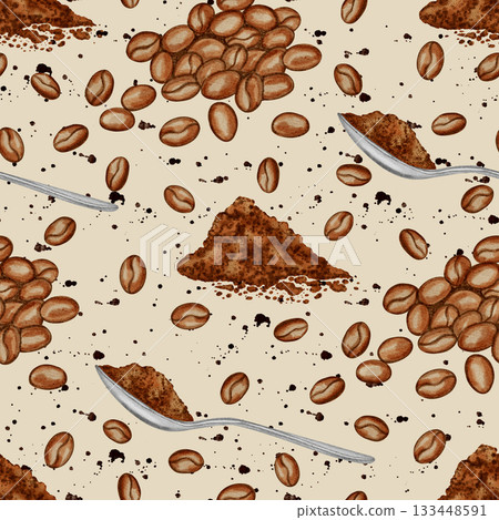 Watercolor seamless pattern with coffee beans, spoons, and ground powder. Perfect for coffee shops, packaging, cafe menus, and branding designs. 133448591