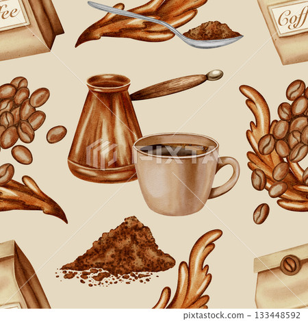 A seamless watercolor pattern with a cup, a cezve, coffee beans, and splashes. Coffee pattern. Perfect for packaging, cafes, menus, and coffee shop branding. 133448592