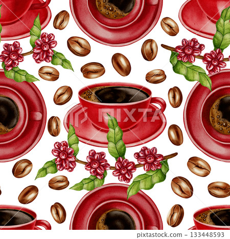 A watercolor seamless pattern with red coffee cups, beans, and coffee branches. Perfect for coffee shop branding, menus, packaging, and textile prints. A watercolor seamless pattern with red coffee cups, beans, and coffee branches. Perfect for coffee shop branding, menus, packaging, and textile prints. 133448593