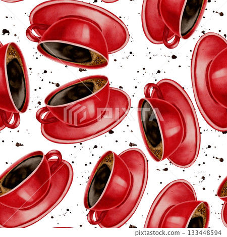 A watercolor seamless pattern with red coffee cups, beans, and coffee branches. Perfect for coffee shop branding, menus, packaging, and textile prints. A watercolor seamless pattern with red coffee cups, beans, and coffee branches. Perfect for coffee shop branding, menus, packaging, and textile prints. 133448594