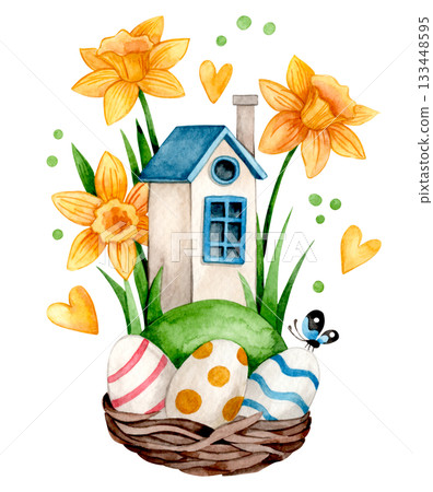 Easter decoration. Cute watercolor illustration with flowers, a house, and a nest with eggs in cartoon style. Easter decoration. Cute watercolor illustration with flowers, a house, and a nest with eggs in cartoon style. 133448595