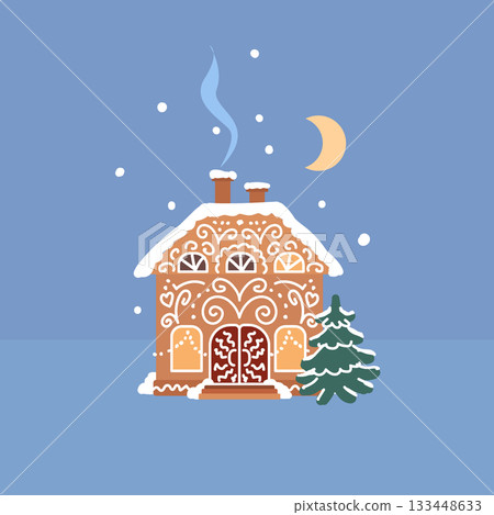 Cute gingerbread cookie house with snow, chimney smoke, spruce trees and night sky, cozy winter holiday scene, festive Christmas and New Year vector illustration for greeting cards and decorations Cute gingerbread cookie house with snow, chimney smoke, spruce trees and night sky, cozy winter holiday scene, festive Christmas and New Year vector illustration for greeting cards and decorations 133448633