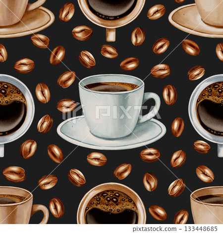 A seamless watercolor pattern featuring pastel coffee cups and roasted coffee beans. Perfect for coffee shop branding, menus, packaging, and textile prints. 133448685