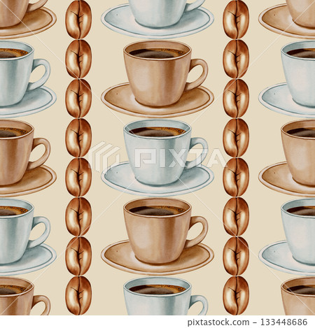 A seamless watercolor pattern featuring pastel coffee cups and roasted coffee beans. Perfect for coffee shop branding, menus, packaging, and textile prints. 133448686