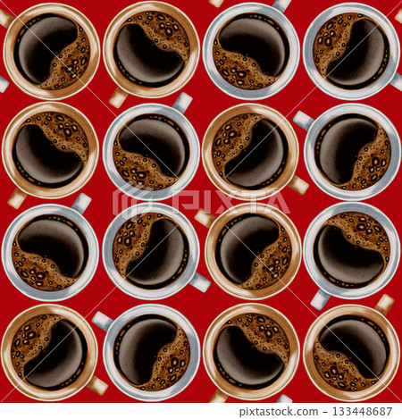A seamless watercolor pattern featuring pastel coffee cups and roasted coffee beans. Perfect for coffee shop branding, menus, packaging, and textile prints. A seamless watercolor pattern featuring pastel coffee cups and roasted coffee beans. Perfect for coffee shop branding, menus, packaging, and textile prints. 133448687