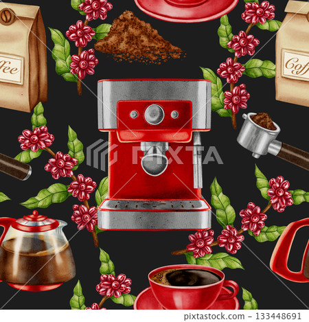 Hand painted watercolor seamless pattern of a coffee machine, portafilter, pot, and cup. Perfect for modern coffee shops, cafe branding, menu, and packaging. 133448691