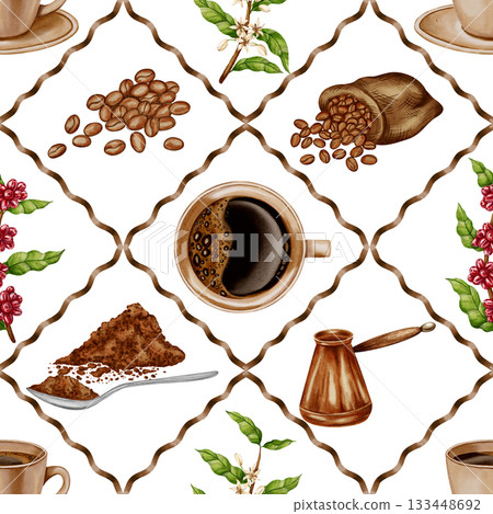 Hand painted watercolor seamless pattern with coffee beans, cup, Turk pot, branches, and ground coffee. Suitable for cafe, shop, menu, and packaging. 133448692