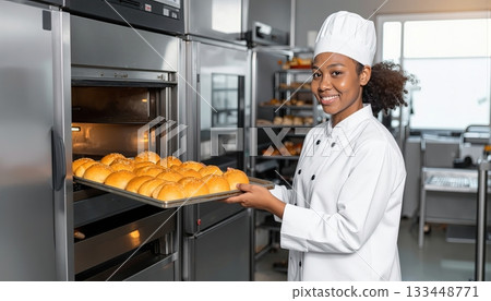 Young woman chef smiling, holding a tray of baked goods in professional kitchen. 133448771