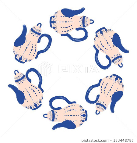Wreath pattern of decorative blue teapot arranged in a ring on a white background in flat style. Wreath pattern of decorative blue teapot arranged in a ring on a white background in flat style. 133448795