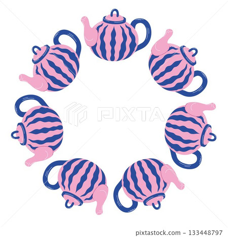 Circular wreath of pink and blue striped teapot isolated on a white background in flat style. 133448797
