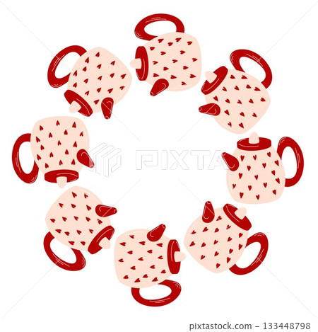 Wreath of cute kettle decorated with small heart for Valentine day arranged in a circular wreath on a white background. Flat style. 133448798