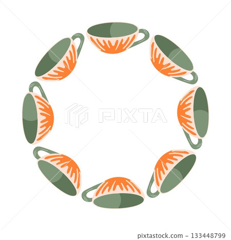 Modern ceramic tea mug wreath in flat style. Porcelain coffee or tea cup with abstract ornament and green handle for design card. 133448799