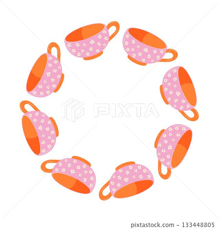 Charming and beautiful floral pink and orange tea cup with daisies wreath in flat style. Spring spring beverage card design. Charming and beautiful floral pink and orange tea cup with daisies wreath in flat style. Spring spring beverage card design. 133448805