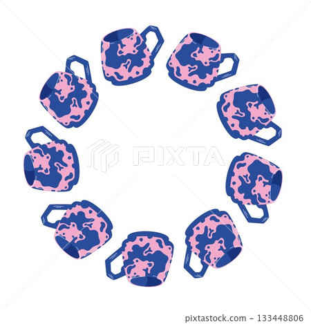 Elegant and stylish blue and pink mug wreath in flat style. Perfect design for kitchen decor, cafe and menu card. 133448806