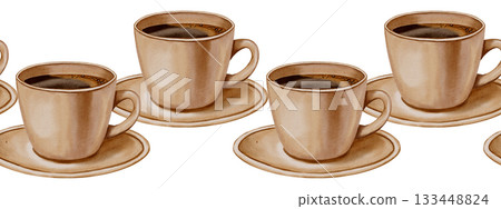 A seamless hand-painted watercolor frame featuring classic coffee cups. Perfect for coffee shops, menu dividers, packaging, and in-store design. A seamless hand-painted watercolor frame featuring classic coffee cups. Perfect for coffee shops, menu dividers, packaging, and in-store design. 133448824