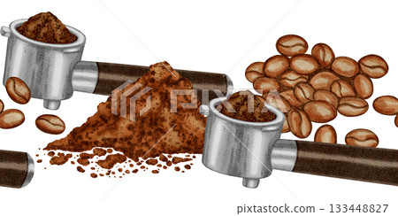 Watercolor illustration seamless border featuring a portafilter with ground coffee and coffee beans. A set of watercolor illustrations for coffee shops, cafes, packaging, menus, and product design. Watercolor illustration seamless border featuring a portafilter with ground coffee and coffee beans. A set of watercolor illustrations for coffee shops, cafes, packaging, menus, and product design. 133448827