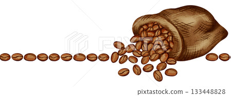 Hand drawn watercolor illustration, seamless border with bag and coffee beans 133448828