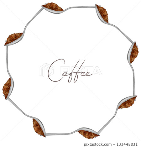 A hand-painted watercolor wreath of coffee spoons with ground coffee. Perfect for menus, packaging, and retail spaces. A hand-painted watercolor wreath of coffee spoons with ground coffee. Perfect for menus, packaging, and retail spaces. 133448831