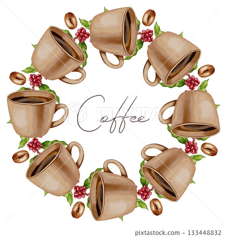 A hand-painted watercolor wreath of coffee cups, beans, and coffee branches. Perfect for menus, packaging, and retail spaces. 133448832