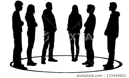 Black Solid Students Circle Group Silhouettes Set of Six on White Background 133448842