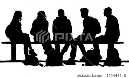 Black Solid Students on Bench Silhouettes Set of Six on White Background 133448848