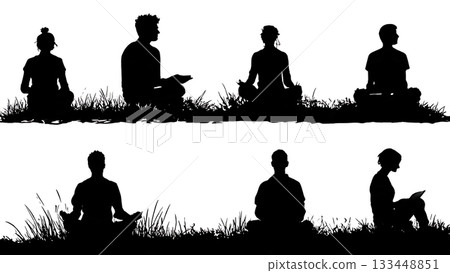 Black Solid Students Cross Legged Silhouettes Set of Six on White Background Black Solid Students Cross Legged Silhouettes Set of Six on White Background 133448851