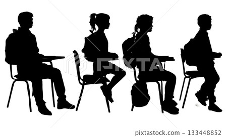 Black Solid Students Sitting Desk Silhouettes Set of Six on White Background Black Solid Students Sitting Desk Silhouettes Set of Six on White Background 133448852