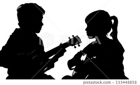 Black Solid Students Playing Guitar Silhouettes Set of Six on White Background Black Solid Students Playing Guitar Silhouettes Set of Six on White Background 133448858