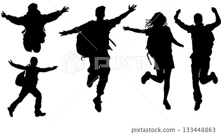 Black Solid Students Freedom Run Silhouettes Set of Six on White Background 133448863