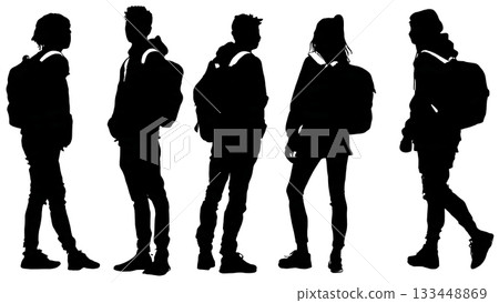 Black Solid One Strap Backpack Silhouettes Set of Six on White Background Black Solid One Strap Backpack Silhouettes Set of Six on White Background 133448869
