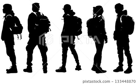 Black Solid One Strap Backpack Silhouettes Set of Six on White Background Black Solid One Strap Backpack Silhouettes Set of Six on White Background 133448870