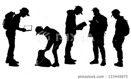 Black Solid Students Packing Up Silhouettes Set of Six on White Background 133448875