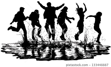 Black Solid Students Jumping Puddle Silhouettes Set of Six on White Background 133448887