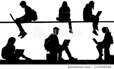 Black Solid Students Laptop Study Silhouettes Set of Six on White Background 133448888
