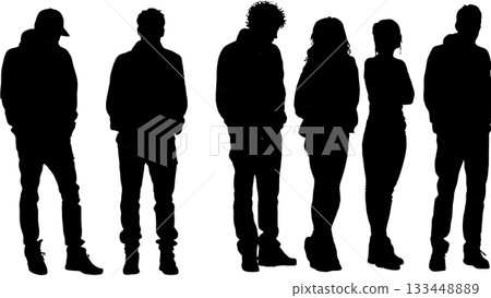 Black Solid Students Leaning Wall Silhouettes Set of Six on White Background 133448889