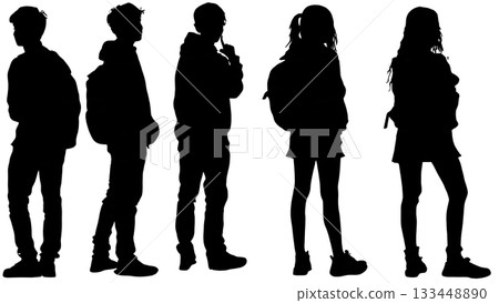 Black Solid Students Looking Back Silhouettes Set of Six on White Background 133448890