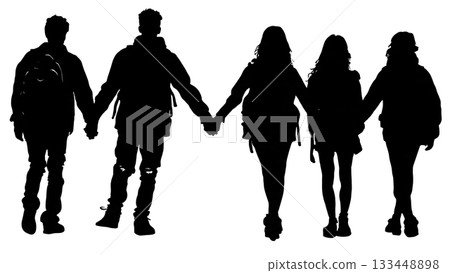 Black Solid Student Couple Silhouettes Set of Six on White Background 133448898